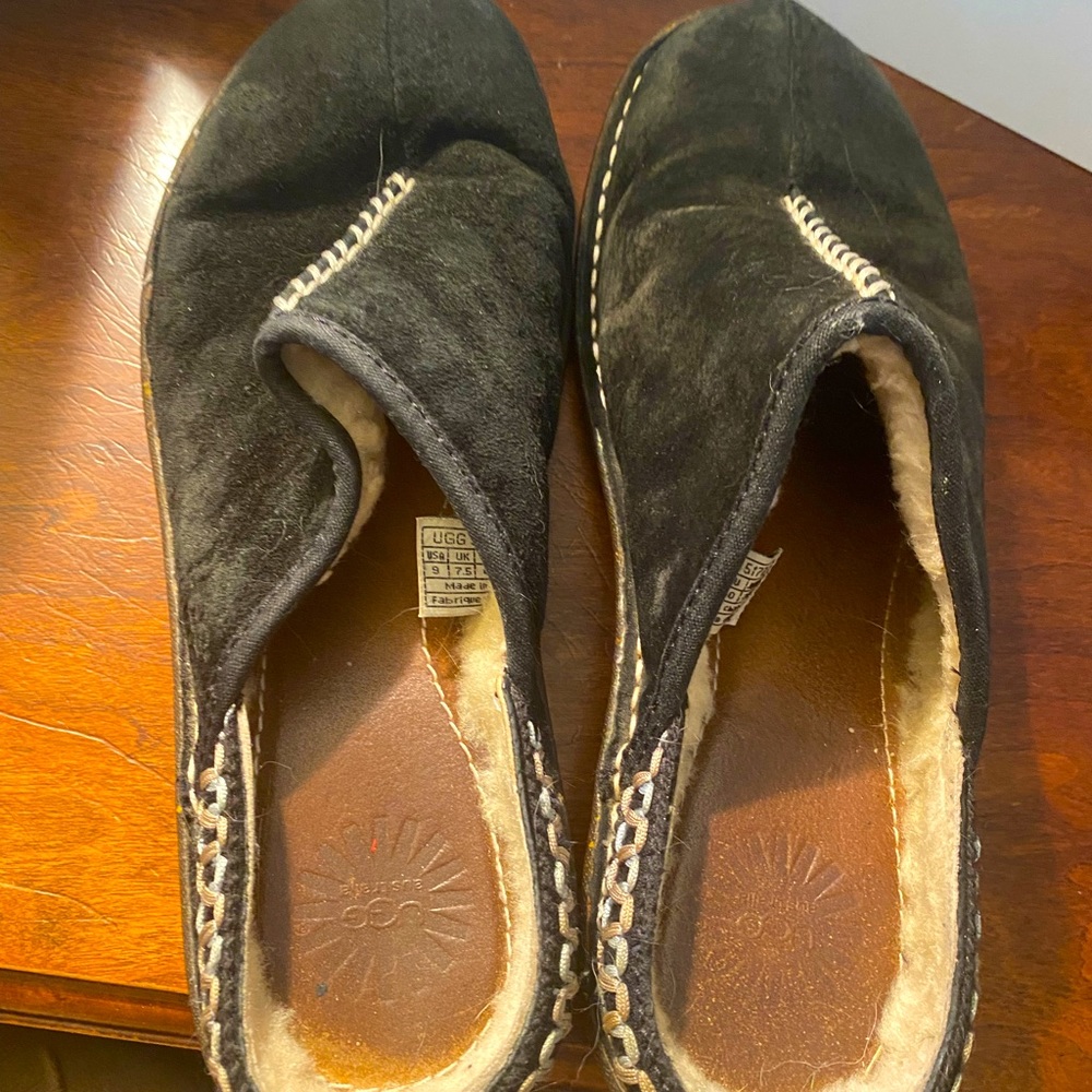 Ugg leather slip on Black clog/ mules Sherpa lined